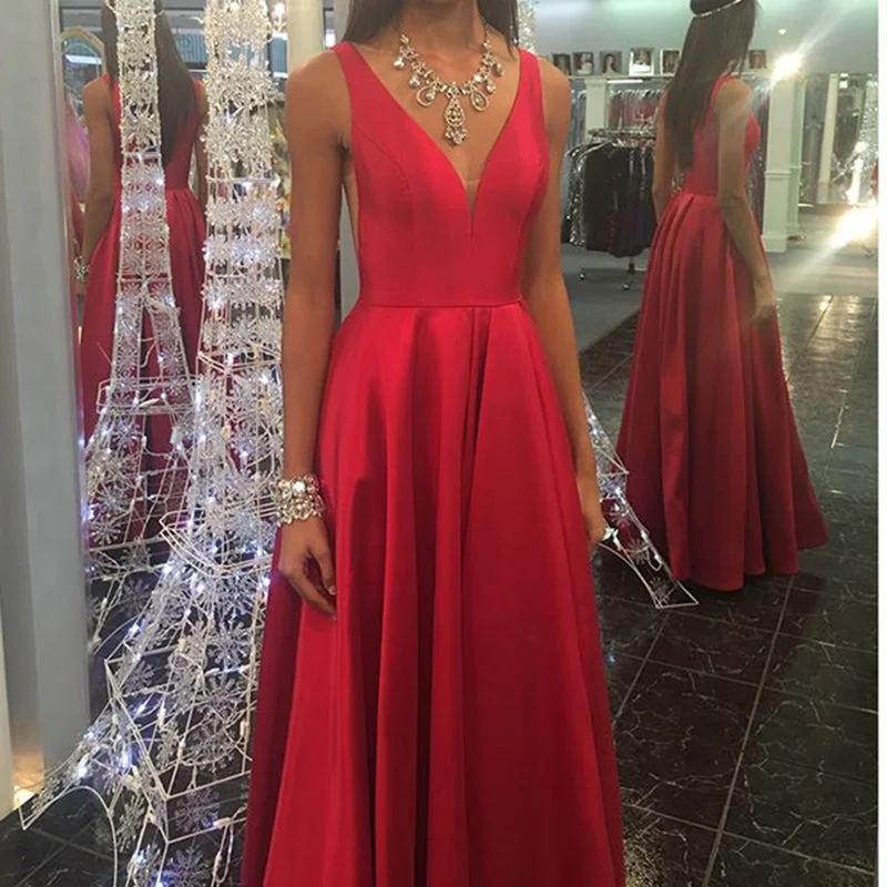 Top Brand Discounts Red V Neck A Line Satin Prom Dresses 2018 Girls Graduation Gown Long Homecoming dresses Final Clearance