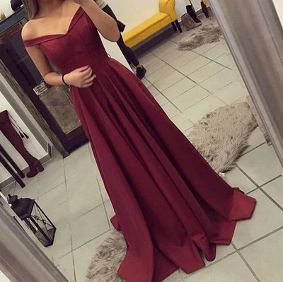 Limited Time Flash Sale Off Shoulder Burgundy Prom Dress Satin A Line Graduation Dress Girls Long Homecoming Gown Outfits Limited - Stock