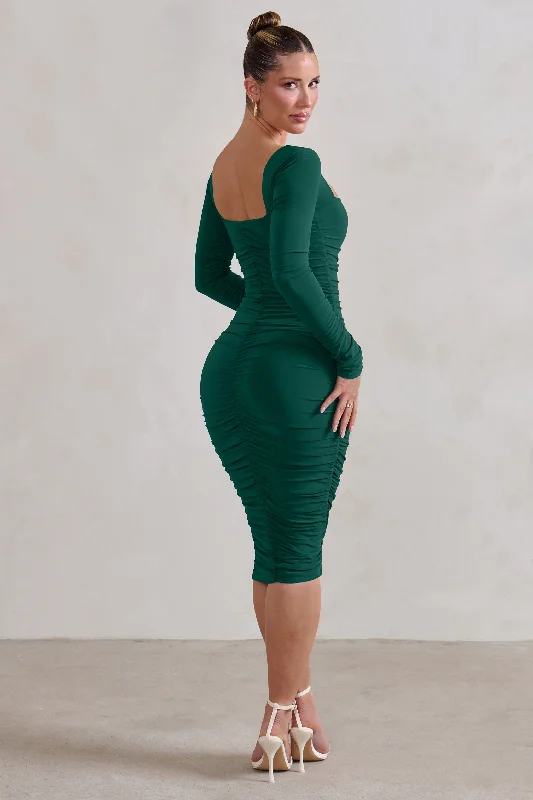 Quick Grab Deals Seductress | Bottle Green Square Neck Bodycon Midi Dress With Long Sleeves Tropical Island - Inspired Attire