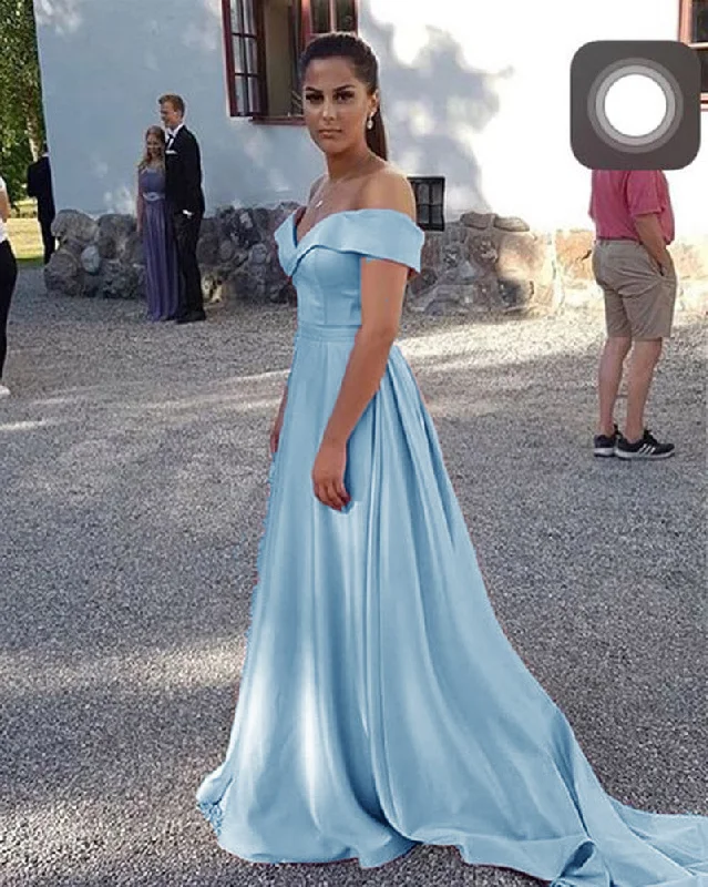 Exclusive Deals Online Siaoryne Off Shoulder Light Blue A Line Satin Girls Formal Prom Dresses Long Vestido De Festa Longo 2020 Y2K Nostalgic Fashion Look