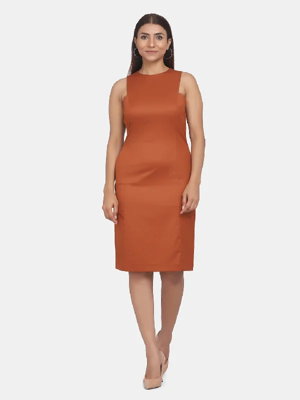 Sophisticated Fashion Sleeveless Formal Straight Dress For Work - Burnt Orange Elegant Contour