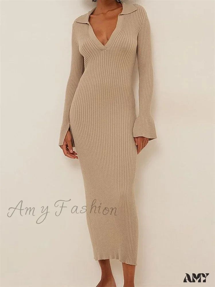 Casual Fashion Amy Fashion - Women Ribbed Knitted   Flare Sleeve Lapel Solid Color Bodycon Party Going Out Female Vestido Sophisticated Cut