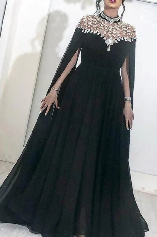 Big Savings black beading long formal evening prom dress with long sleeves         cg23473 Parisian Effortless Chic Style