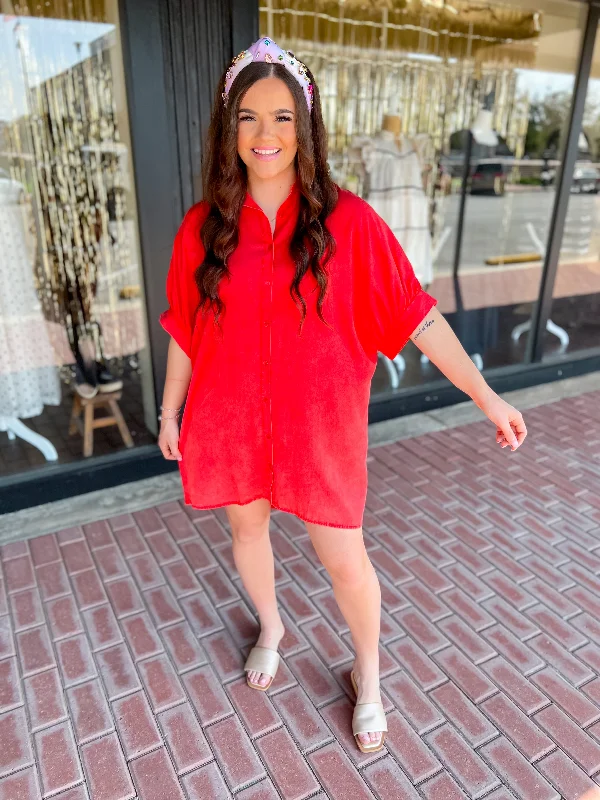 Vibrant Style Promotions Oversized Button Down Tencel Shirt Dress-Red Alluring Design