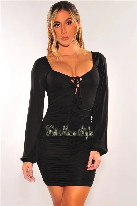 Trendy Women'S Wear Collection Black Ruched Lace Up Long Sleeve Dress Feminine Flow