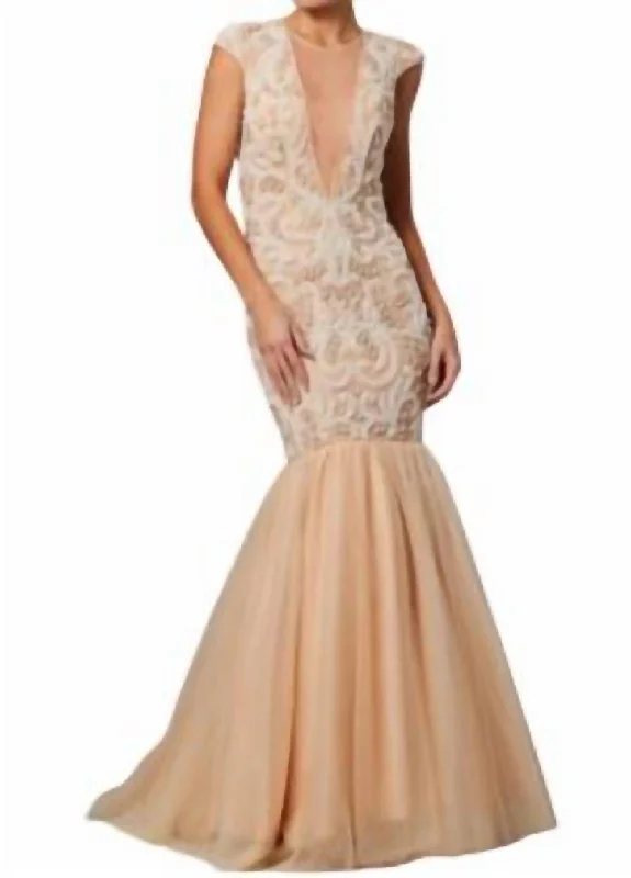 Hot Trends Cap Sleeve Mermaid Gown In Nude Big Savings on Minimalist Office Styles