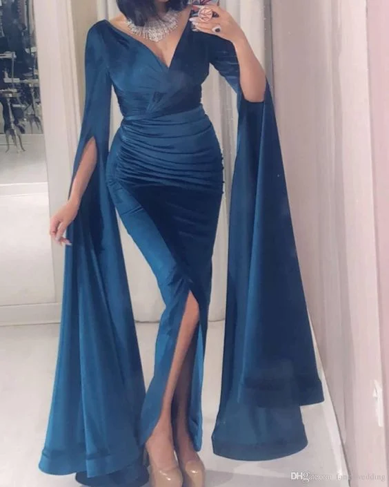 Enjoy Discount Arabic Evening Dresses Deep V Neck Long Sleeves Sheath Prom Dresses   cg16531 Vintage Elegance