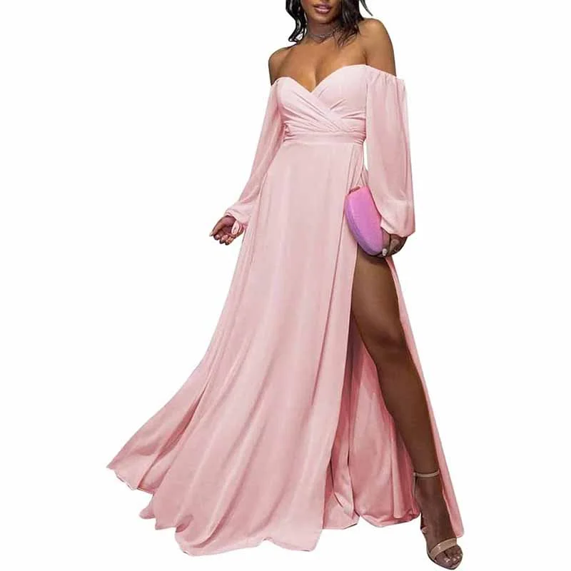 Buy More, Save More Long Sleeve Bridesmaid Dresses Chiffon Sweetheart Off The Shoulder Formal Evening Dresses with Slit Weekend Special