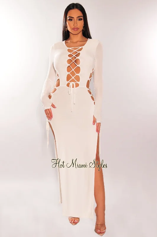 Trend Leading Collection White Lace Up Long Sleeve Double Slit Dress Ethnic Cultural Event Wear