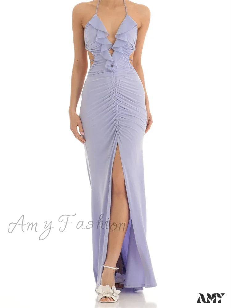 Fashion Forward Amy Fashion - Women Ruffle Halter Lace-up  Y2K Sleeveless Off Shoulder Backless Tassels Ruched Front Split Vestidos Everyday Glamour