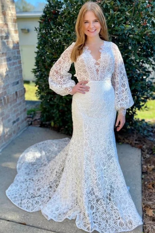 Chic Styles White Lace Long Sleeve Backless Mermaid Wedding Dress Urban Sophistication