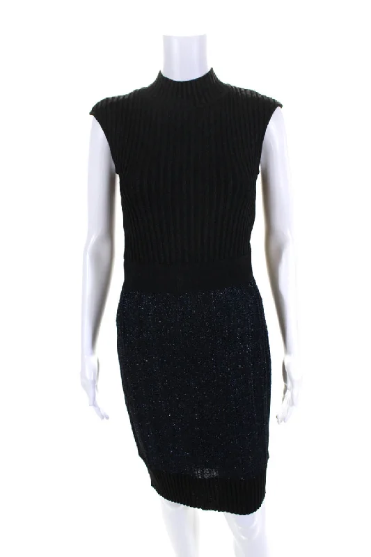 Playful Fashion Offers Herve Leger Womens Ribbed Sleeveless Sweater Dress Black Navy Blue Effortless Style