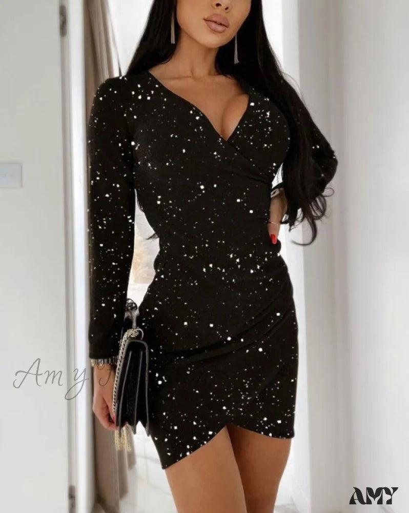 Chic Trends Unveiled Amy Fashion - Plain V-Neck Glitter Long Sleeve Ruched Bodycon Evening Mini Dress Today Only