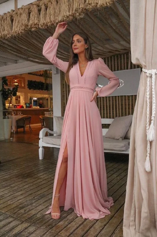 Romantic Fashion Discounts V Neck Long Sleeves Pink Holiday Dress with Appliques, Split Evening Party Dress Prom Dresses     cg20129 Fashion-Forward Style