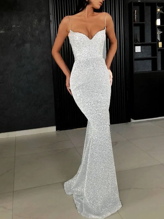 Fashionista Sale White Sequin Sparkly Glitter Spaghetti Strap Bodycon Mermaid V-neck Prom dresses  cg9929 Casual Chic