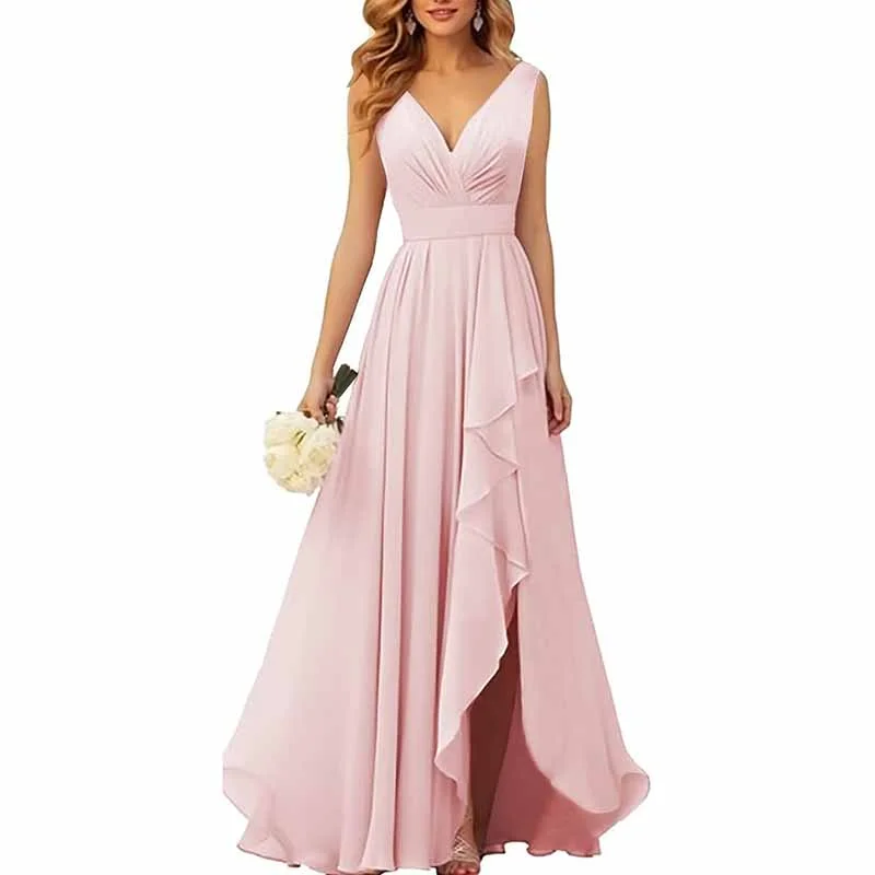 Crazy Discounts, Hurry Up Chiffon Bridesmaid Dresses with Slit Ruffle Pleated Formal Prom Party Dress Seasonal Trend