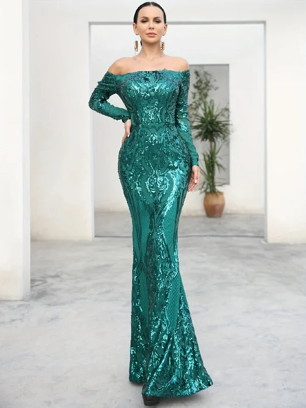 Final Sale Dazzling Sequin Off Shoulder Dress - Exquisitely Elegant Design, Daring Backless Style, Flowing Long Sleeves, Floor-Sweeping Length, Trendy Off Shoulder Neckline - Perfect Bridesmaid Dress for Wedding Occasions, Ideal for Womens Formal Events and Parties Graceful Movement