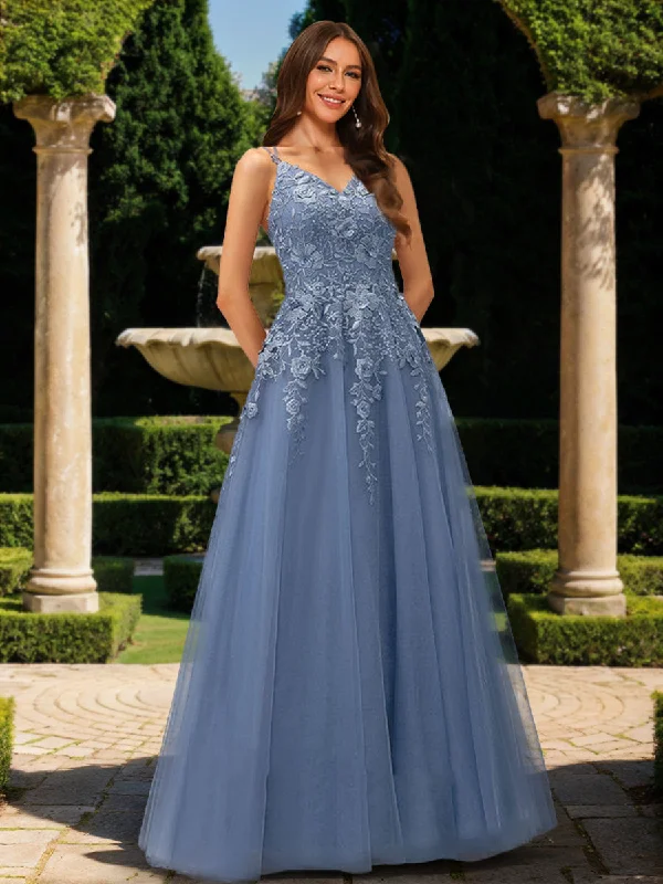 Evening Elegance A-Line/Princess V-Neck Sleeveless Prom Dresses with Applique Vintage Charm