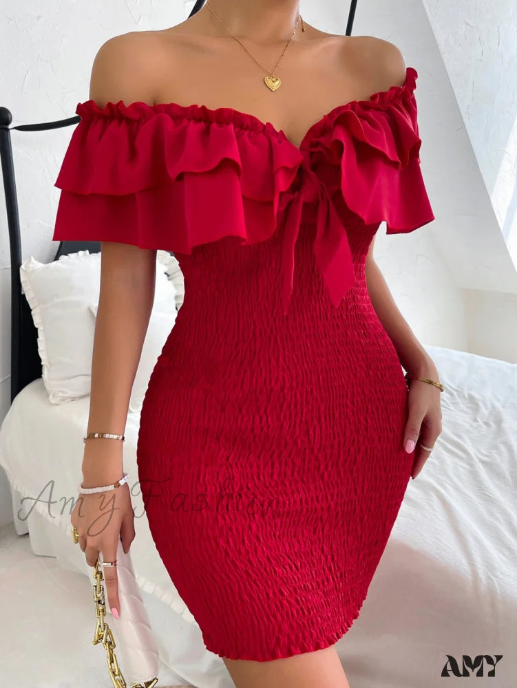 Dive Into Trendy Styles Amy Fashion - Tie Front Off Shoulder Ruffle Trim Shirred Bodycon Dress Coastal Beach - Inspired Style