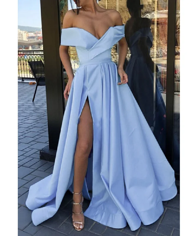 Refined Fashion Sale Popular Off the Shoulder Baby Blue Long Evening Dresses Ruched Satin A Line Formal Gown With Splits PL071420 Charming Silhouette