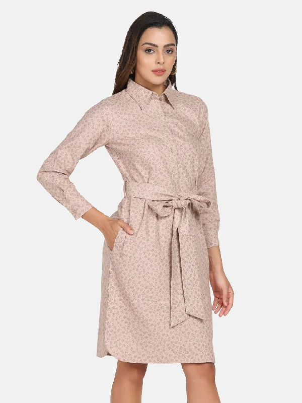 Casual Yet Chic Sales Cotton Printed Shirt Dress - Beige Contemporary Elegance