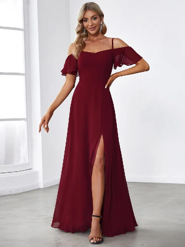 Easy Elegance Sales Stylish Cold-Shoulder Floor Length Bridesmaid Dress with Side Slit Formal Outfit