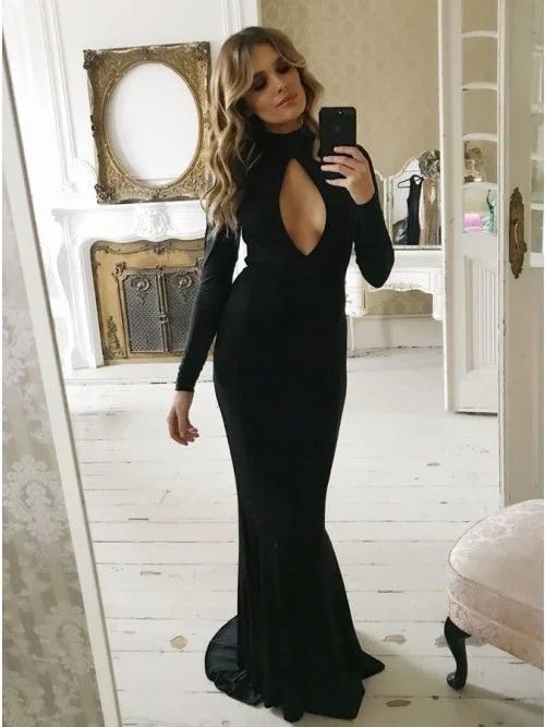 Trendy Looks On Sale Long Sleeves Black Prom Dress With Keyhole Front    cg13166 Effortless Comfort