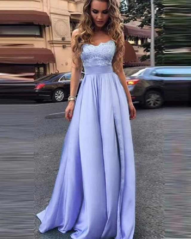 Vintage-Modern Style Offers Elegant Lilac /Blue Lace Satin A Line Slit Leg Girls Debutante Ball Dress with Straps ,Long Evening Gown, Prom Party Dress, PL06301 Playful Elegance