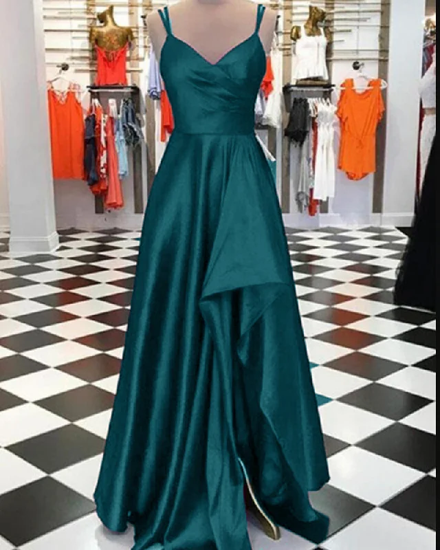 Feminine Style Promotions Charming Teal Green Pleated Satin A Line Prom Dress with Slit Long Graduation Gown PL10312 Luxury Comfort