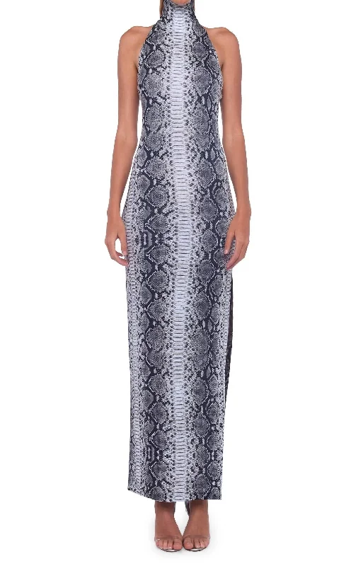 Budget-Friendly Fashion Halter Turtle Side Slit Gown In Black/white Python Elegant Contour