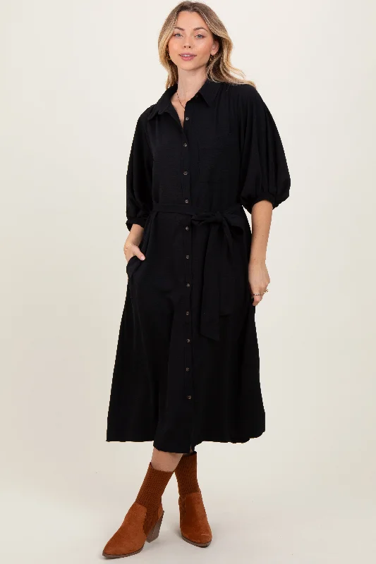 Durable Fashion Picks Black Sash Tie Midi Shirt Dress Vintage Look