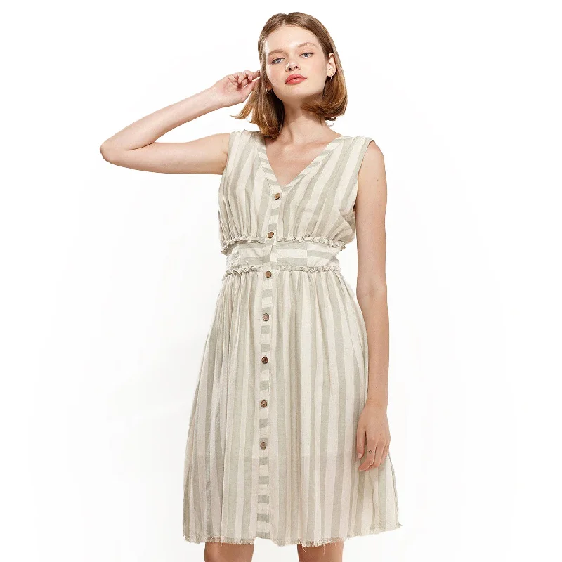 Latest Fashion Women's Sleeveless Button Down Stripe Dress in Sage Subtle Sophistication