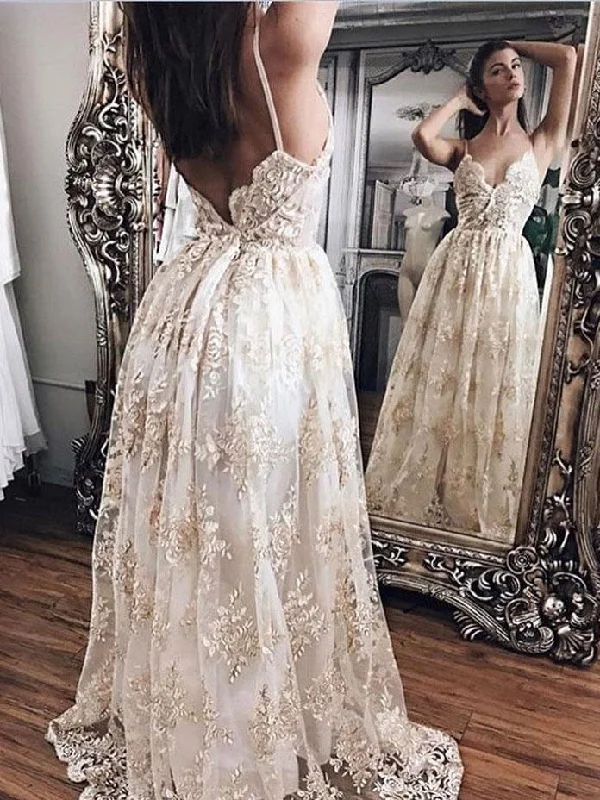 Flash Sale, Don'T Miss Sexy Backless Spahgetti Straps A-line Lace Wedding Dresses Online, WD354 Luxe Layering