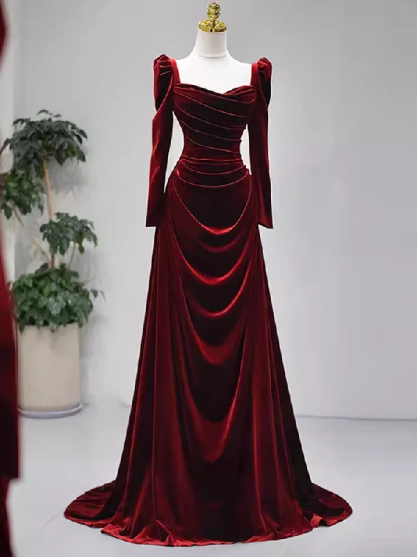 Statement Fashion Offers Sexy Mermaid Long Sleeves Burgundy Velvet Prom Dresses C42 Rustic Countryside Charm Look