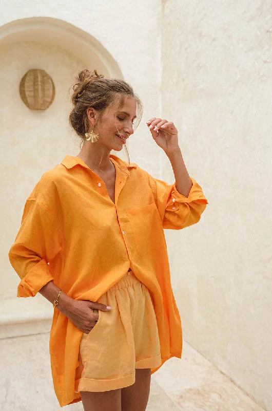 End-Of-Season Clearance SUMMER Shirt Dress - mandarin orange linen Luxury Comfort