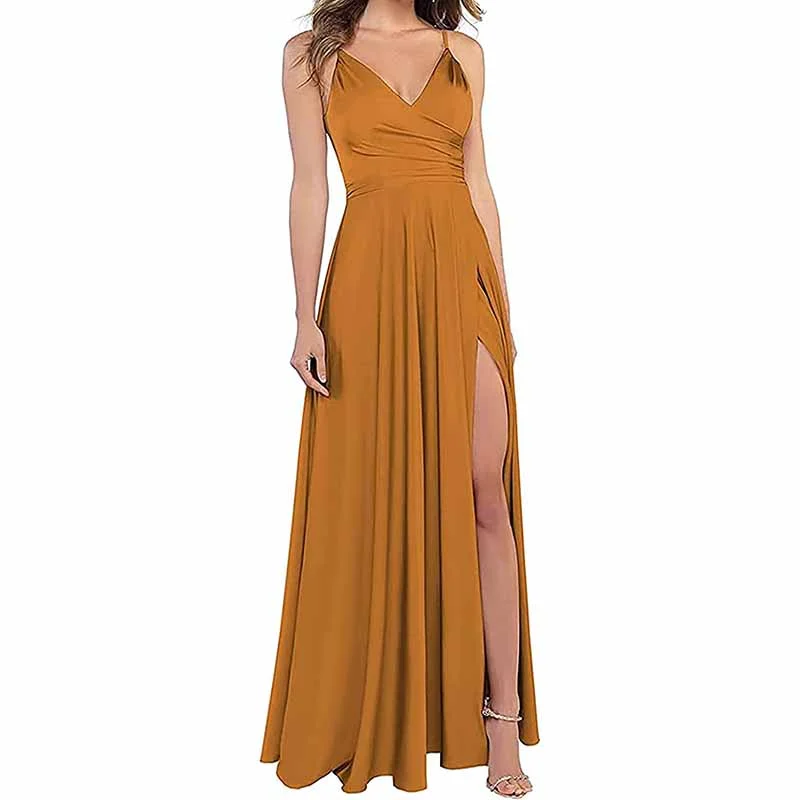 Seasonal Picks Satin Bridesmaid Dresses Long Spaghetti Strap Prom Dress Evening Gowns Boho - Chic Festival - Ready Style