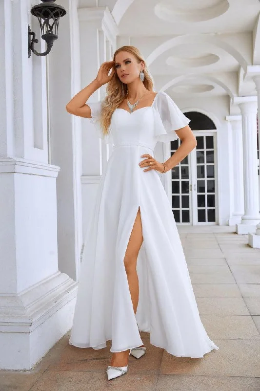 Unleash Your Style Ladies Chiffon Ruffle Sleeve Front Slit Bridesmaid Evening Dress Prom Wedding Party Evening Dress 28115 Seasonal Trend