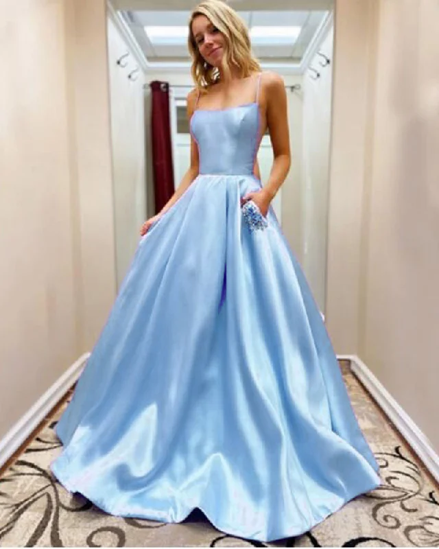 Contemporary Casual Deals Beautiful Baby Blue A Line Satin Long Prom Dress Vestido De Casamento with Pocket LP06191 Graceful Movement