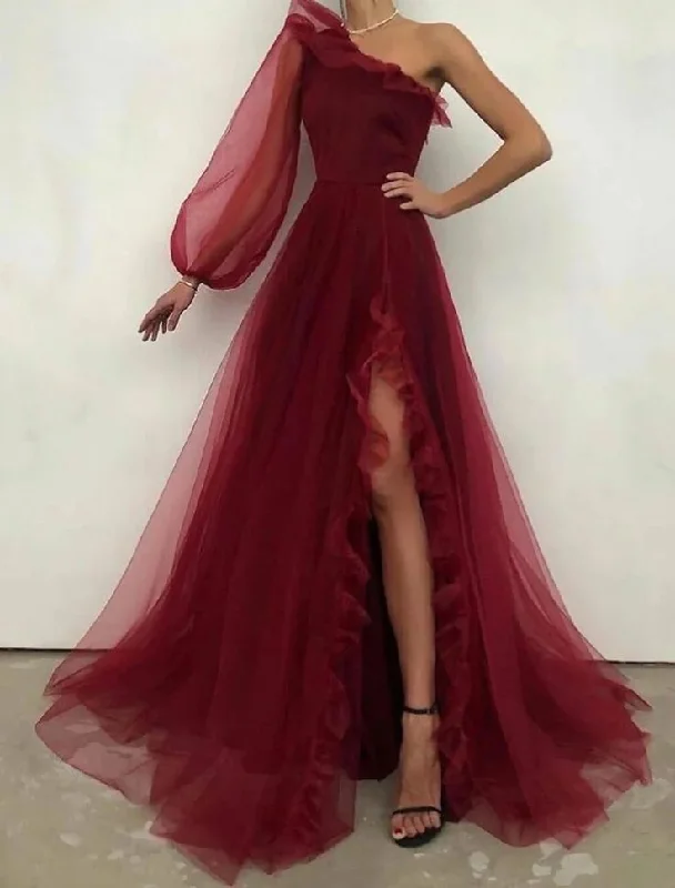 Fashion Deal Vintage A line One Shoulder Long Sleeve Burgundy Slit Evening Dress Prom Dress C1160 Classic Charm