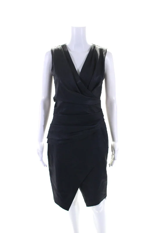 The Good Stuff J. Mendel Womens Leather V Neck Front Slit Sleeveless Dress Midnight Blue Luxury Comfort