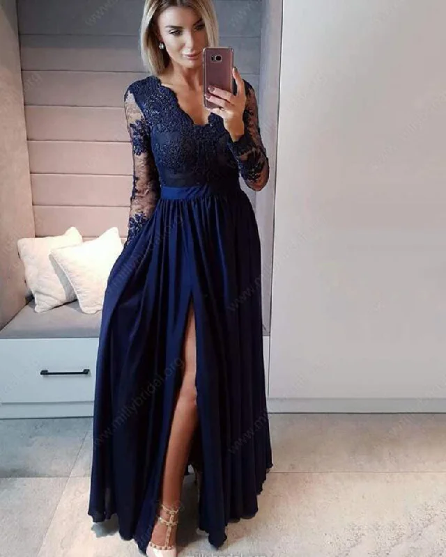 Budget-Friendly Fashion Multi Color Vintage Long Sleeved lace  Chiffon formal Prom Dress Floor Legnth Graduation Dress with Slit PL10275 Elegant Contour