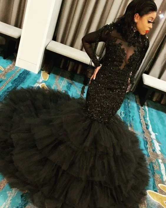 Cool Prices Long Sleeve Black Appliques Formal Mermaid Evening Prom Dresses     cg23103 Romantic Date - Night Ensemble