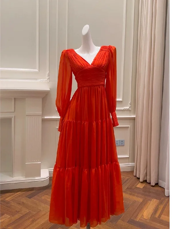 Vintage-Modern Style Offers Sexy A line Long Sleeves Red Ankle Length Prom Dress Formal Dresses With Ruffles C2289 Minimalist Elegant