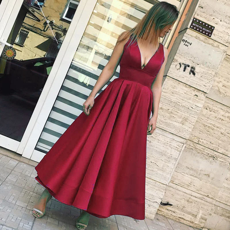 Don't Miss Out Deep V Neck Prom Dresses  Tea Length  Satin A Line Women Formal Evening Dress Bohemian Vibe