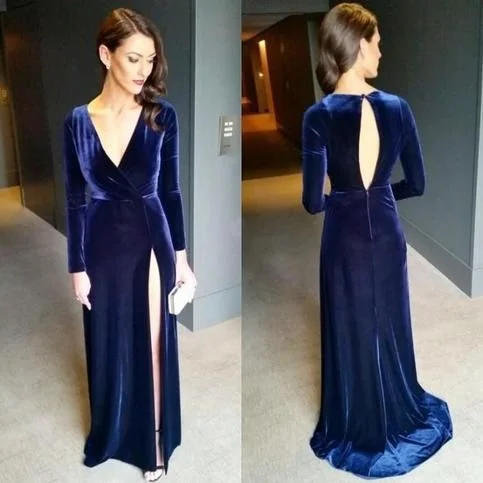 Hot Items Sexy Keyhole Back Navy Blue High Split Evening Dresses Long Sleeves V Neck Floor Length Velvet Prom Dresses   cg13528 Alluring Design