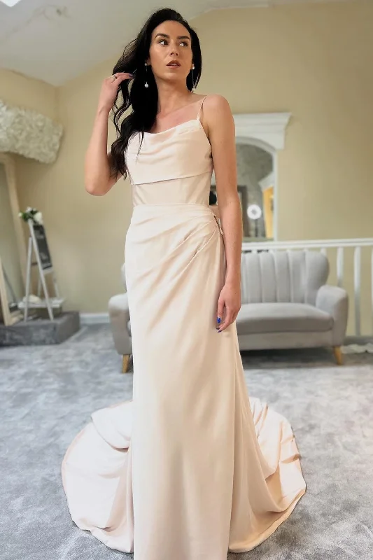 Must-Have Style Discounts Champagne Cowl-Neck Sheer Back Long Wedding Dress Feminine Soft - Hued Look