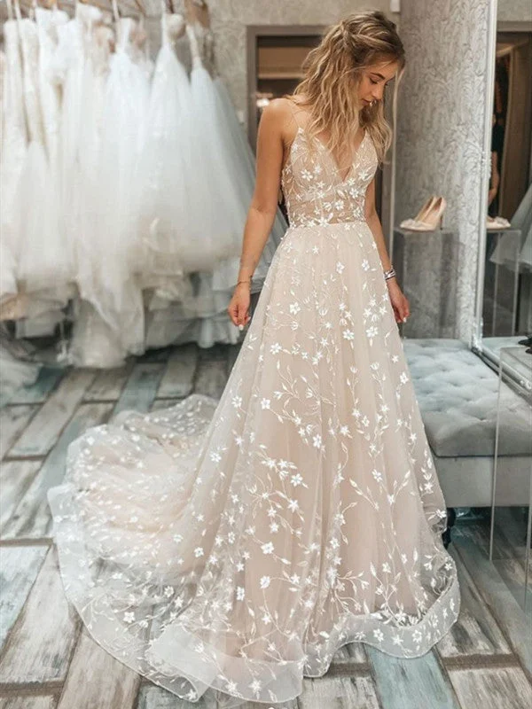 Luxury Fashion V Neck 2021 Lace Wedding Dresses, A Line Popular Wedding Dresses, Elegant Bridal Gowns Contemporary Elegance