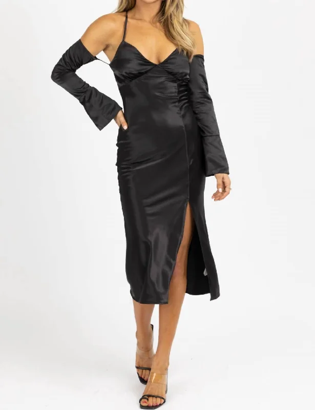 Modern Fashion Sale Satin Maxi Dress W/ Long Cuff-Sleeve In Black Bold Silhouette