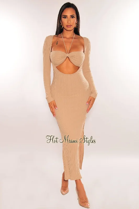 Latest Trends Taupe Ribbed Long Sleeve Cut Out Double Slit Dress Effortless Comfort