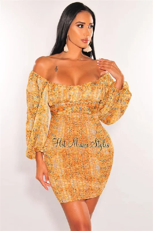 Seasonal Trends Orange Print Off Shoulder Long Sleeve Smocked Dress Summer Fashion